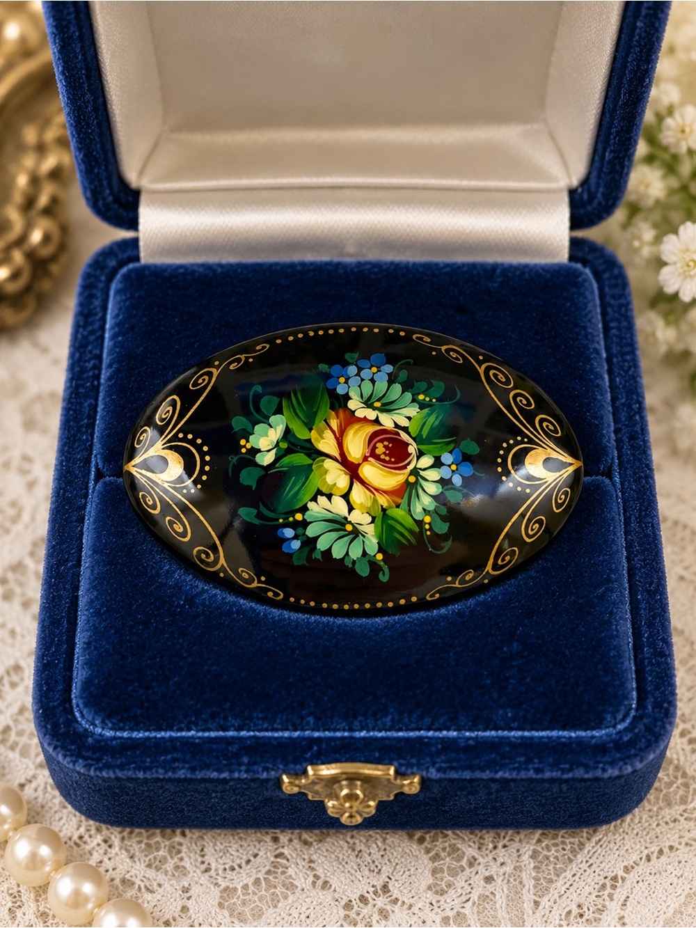 Vintage Russian Hand Painted Floral Lacquer Brooch Folk Art Statement Jewelry